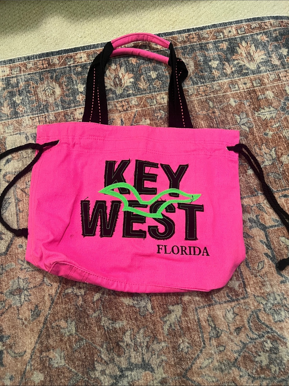 Source Unknown Hot Pink Canvas Tote with Black Handles and Neon Green Accent